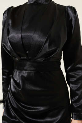 Kol Ucu Püsküllü Saten Abiye Elbise Siyah - Thumbnail