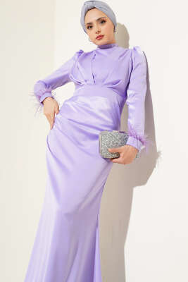 Kol Ucu Püsküllü Saten Abiye Elbise Lila - Thumbnail
