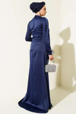 Kol Ucu Püsküllü Saten Abiye Elbise Lacivert - Thumbnail