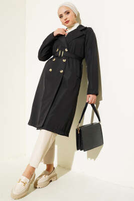 	 Düğmeli Cepli Trençkot Siyah - Thumbnail