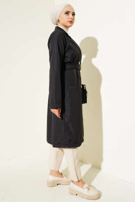 	 Düğmeli Cepli Trençkot Siyah - Thumbnail