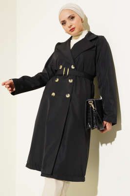 	 Düğmeli Cepli Trençkot Siyah - Thumbnail