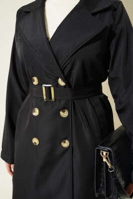 	 Düğmeli Cepli Trençkot Siyah - Thumbnail