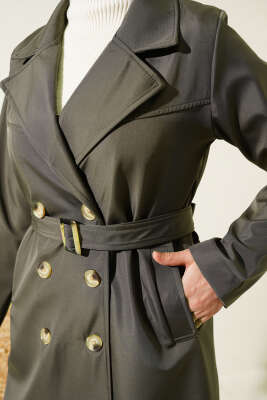 	 Düğmeli Cepli Trençkot Haki - Thumbnail