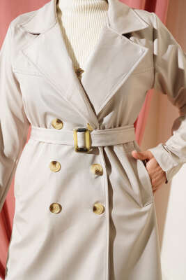 	 Düğmeli Cepli Trençkot Bej - Thumbnail