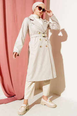 	 Düğmeli Cepli Trençkot Bej - Thumbnail