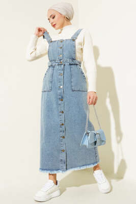 Püsküllü Boydan Düğmeli Kot Slopet Kot Mavisi - Thumbnail