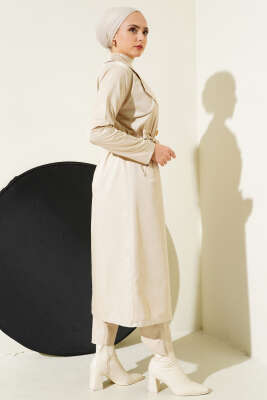 Sekiz Düğmeli Kuşaklı Trençkot Taş - Thumbnail