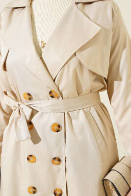 Sekiz Düğmeli Kuşaklı Trençkot Taş - Thumbnail