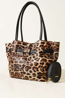 Kemer Detaylı Omuz Çantası Leopar Siyah - Thumbnail