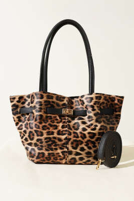 Kemer Detaylı Omuz Çantası Leopar Siyah - Thumbnail