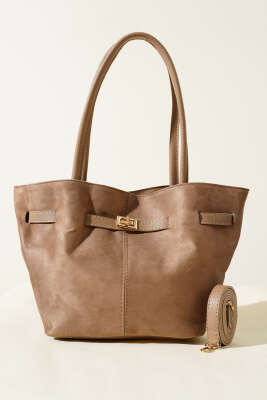 Kemer Detaylı Omuz Çantası Vizon - Thumbnail