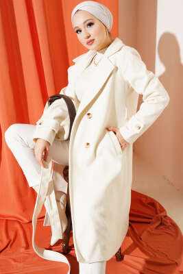 Pazarium - Kruvaze Yaka İki Düğmeli Kaşe Kaban Ekru