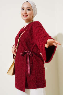 Pazarium - 	 Önü Kurdeleli Buklet Ceket Bordo