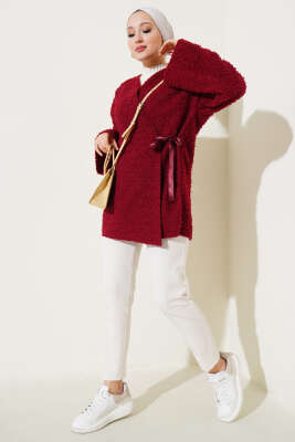 	 Önü Kurdeleli Buklet Ceket Bordo - Thumbnail