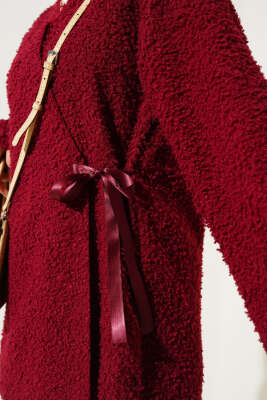 	 Önü Kurdeleli Buklet Ceket Bordo - Thumbnail