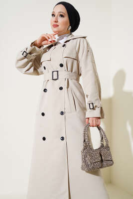 Astarlı Kuşaklı Uzun Trençkot Taş - Thumbnail