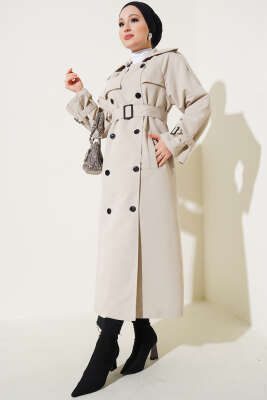 Pazarium - Astarlı Kuşaklı Uzun Trençkot Taş