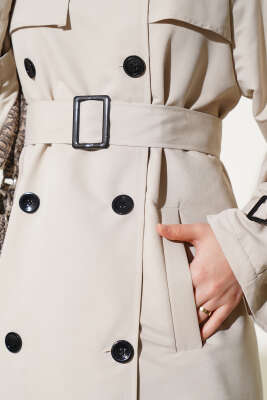 Astarlı Kuşaklı Uzun Trençkot Taş - Thumbnail