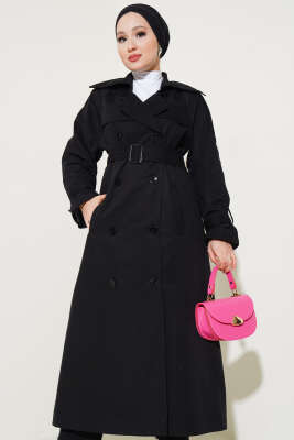 Pazarium - Astarlı Kuşaklı Uzun Trençkot Siyah
