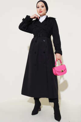 Astarlı Kuşaklı Uzun Trençkot Siyah - Thumbnail