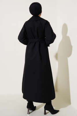 Astarlı Kuşaklı Uzun Trençkot Siyah - Thumbnail