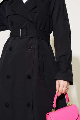 Astarlı Kuşaklı Uzun Trençkot Siyah - Thumbnail