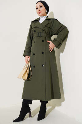 Pazarium - Astarlı Kuşaklı Uzun Trençkot Haki
