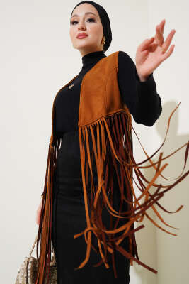 Pazarium - Püsküllü Süet Yelek Taba