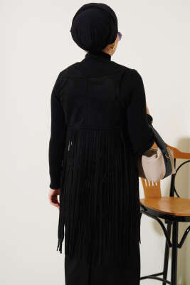 	 Püsküllü Süet Yelek Siyah - Thumbnail