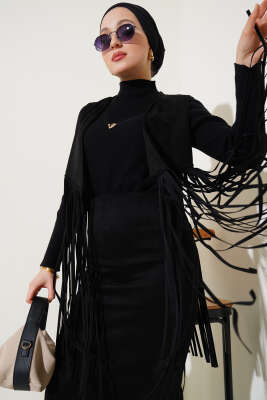 	 Püsküllü Süet Yelek Siyah - Thumbnail