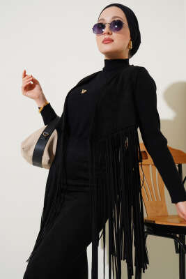 	 Püsküllü Süet Yelek Siyah - Thumbnail