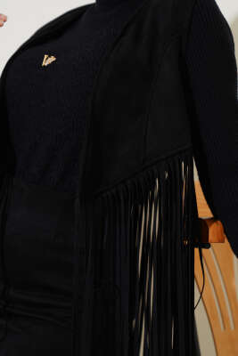 	 Püsküllü Süet Yelek Siyah - Thumbnail