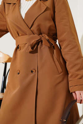 Omuz Apoletli Yırtmaç Detaylı Trençkot Taba - Thumbnail