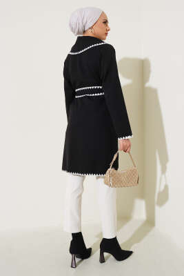 Çoban Dikişli Kuşaklı Hırka Siyah - Thumbnail