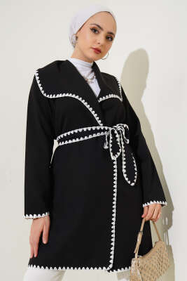 Çoban Dikişli Kuşaklı Hırka Siyah - Thumbnail