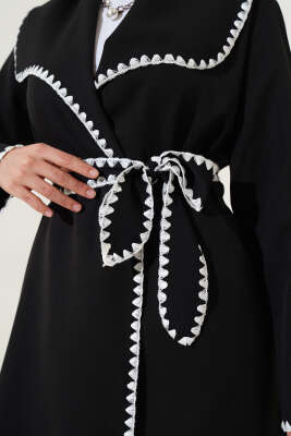 Çoban Dikişli Kuşaklı Hırka Siyah - Thumbnail