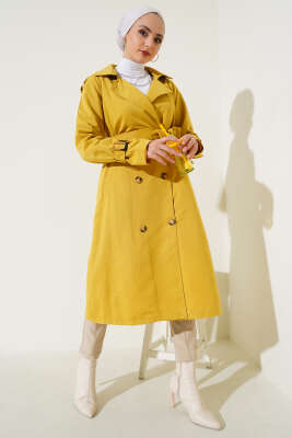 Apoletli Kruvaze Yaka Trençkot Yağ Yeşili - Thumbnail