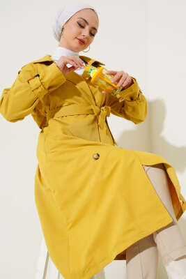 Apoletli Kruvaze Yaka Trençkot Yağ Yeşili - Thumbnail