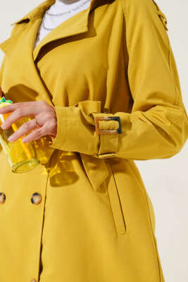 Apoletli Kruvaze Yaka Trençkot Yağ Yeşili - Thumbnail