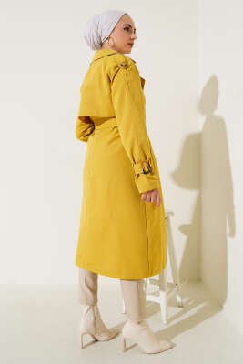 Apoletli Kruvaze Yaka Trençkot Yağ Yeşili - Thumbnail