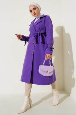Pazarium - Apoletli Kruvaze Yaka Trençkot Mor