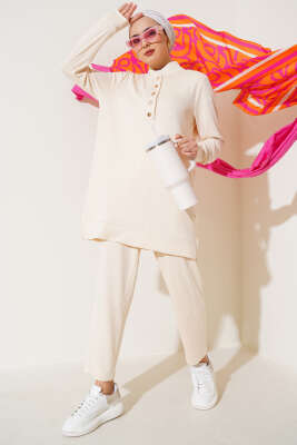 Pazarium - Yakası Çıtçıtlı İkili Takım Bej