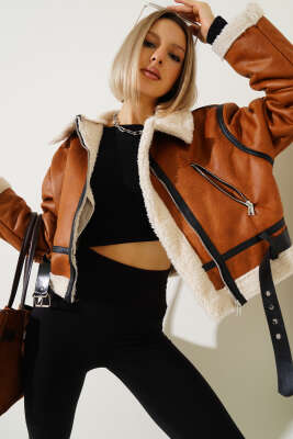 Pazarium - İçi Kürklü Deri Kısa Mont Taba