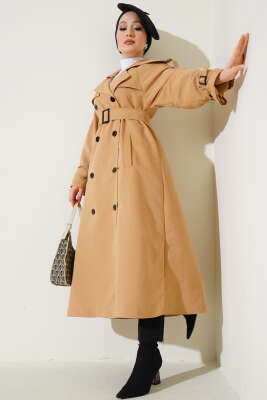 Pazarium - Astarlı Kuşaklı Uzun Trençkot Camel