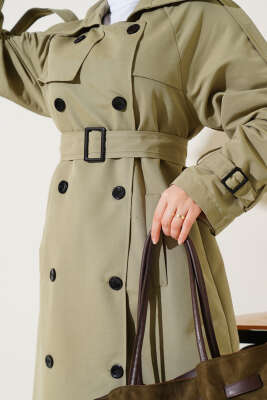 Astarlı Kuşaklı Uzun Trençkot Çağla Yeşili - Thumbnail