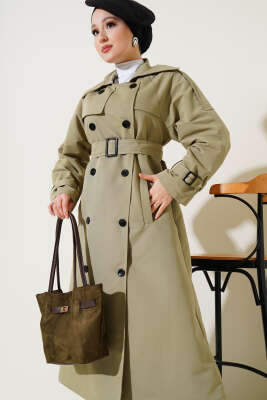 Astarlı Kuşaklı Uzun Trençkot Çağla Yeşili - Thumbnail