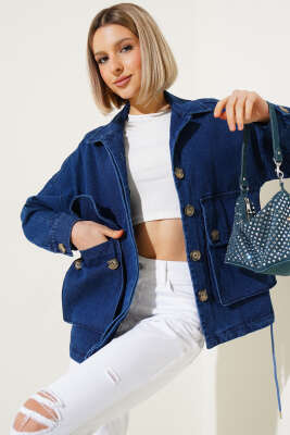 Torba Cep Kapaklı Kısa Kot Ceket Kot - Thumbnail