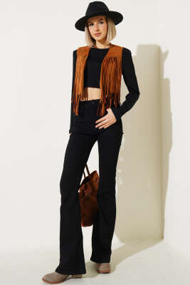 Püsküllü Kısa Süet Yelek Taba - Thumbnail