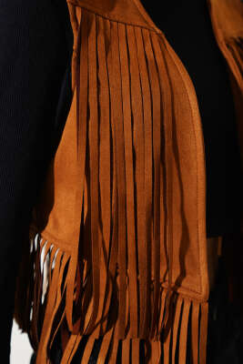 Püsküllü Kısa Süet Yelek Taba - Thumbnail